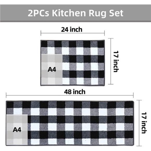 2 Pieces Buffalo Plaid Check Rug Set Water Absorb Microfiber NonSlip Kitchen Rug - Picture 2 of 7